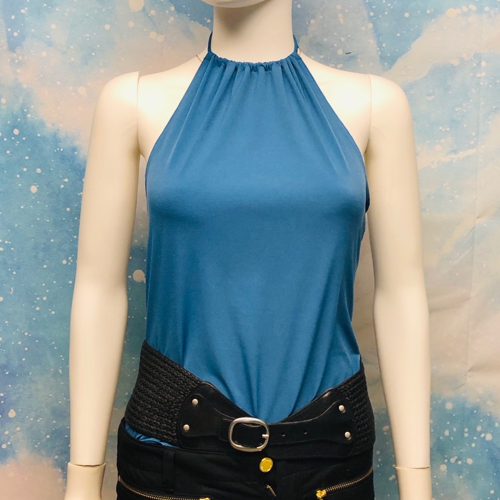 NEW BCBG SEXY HALTER TOP BODY SUIT WITH STRAPPY BACK IN BRILLIANT BLUE - Picture 1 of 16